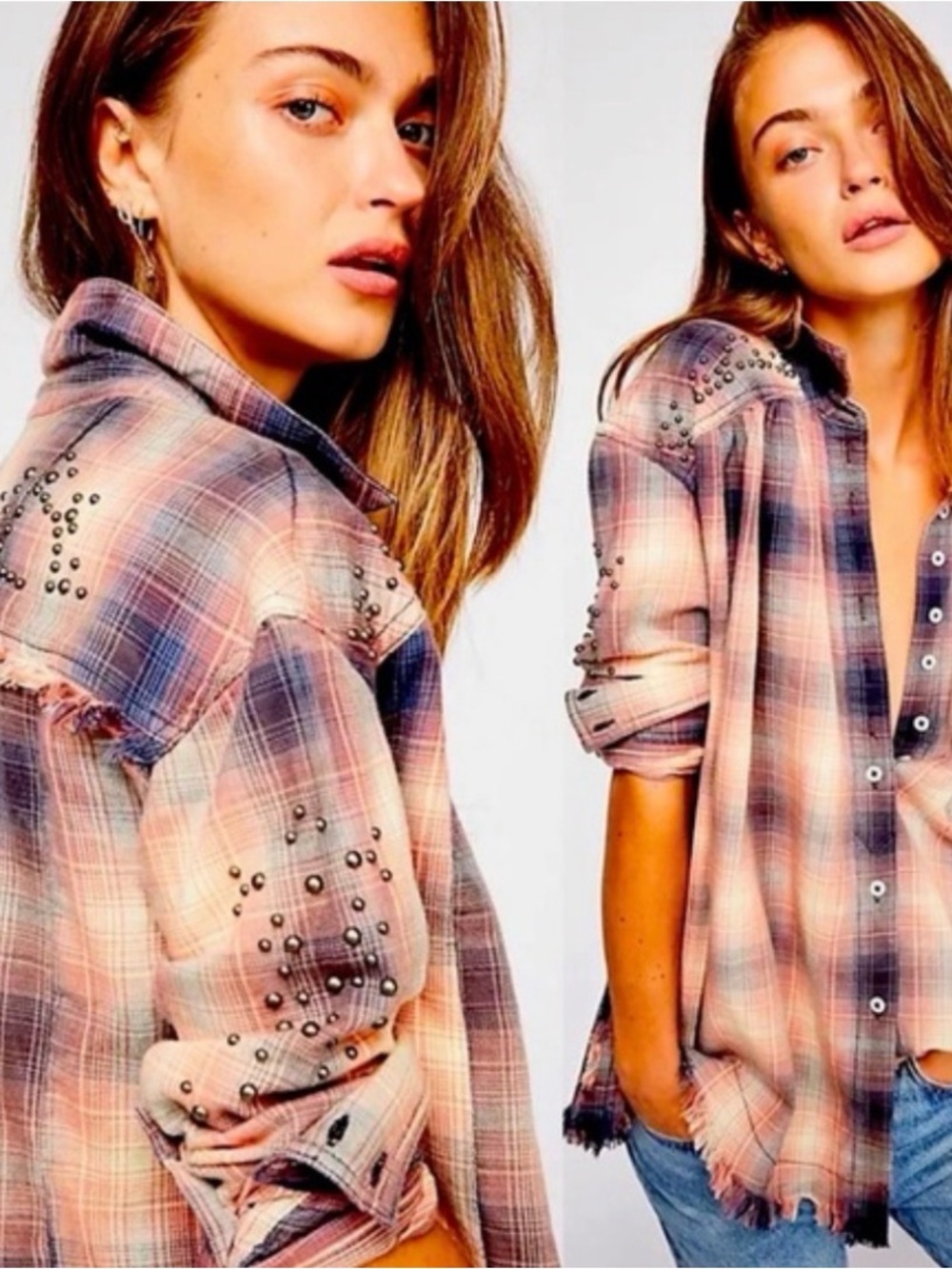 Free People Studded Plaid Button-Down Shirt - Pink & Blue Multi